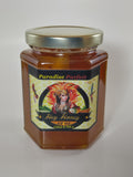Paradise Parfait honey 12 oz hexagonal glass jar with gold lid — Hawaiian macadamia honey infused with cinnamon, coconut, and ice cream bean | HeyHoney.biz