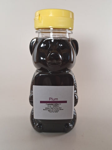 Plum Flavored Honey 8oz bear-shaped jar — Michigan raw honey with rich plum flavor | HeyHoney.biz