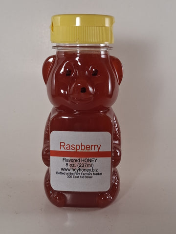 Raspberry Flavored Honey 8oz bear-shaped jar — Michigan raw honey with sweet raspberry flavor | HeyHoney.biz