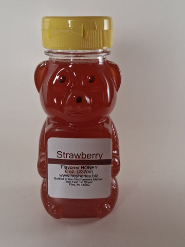 Strawberry Flavored Honey 8oz bear-shaped jar — Michigan raw honey with sweet strawberry flavor | HeyHoney.biz