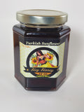 Turkish Sunflower honey 12 oz hexagonal glass jar with silver lid — deep dark amber single-pollen Turkish raw honey | HeyHoney.biz