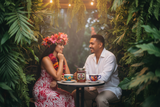 Hawaiian woman in tropical floral crown leaning in at a tea table in a lush hanging garden at dusk — Monkey Pod Blossom honey lifestyle | HeyHoney.biz