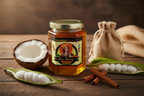 Paradise Parfait honey jar on a rustic wooden table surrounded by halved coconut, open ice cream bean pods, cinnamon sticks, and a burlap sack — Hawaiian infused honey | HeyHoney.biz