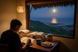 Polynesian boy studying late at night at a wall desk, bamboo pendant light overhead, moonlit ocean valley view through open thatch shutter, with Tangerine Blossom honey jar, toast, and tea mug on the desk | HeyHoney.biz