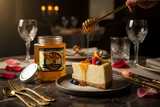 Turkish Sunflower Limoncello honey drizzling onto a cheesecake slice with fresh berries and gold leaf, crystal wine glasses and rose petals on a dark marble table | HeyHoney.biz